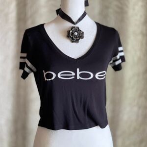 Bebe Oversized Cropped Black Logo T-Shirt Retro Sporty Y2K Preppy Grunge Size S